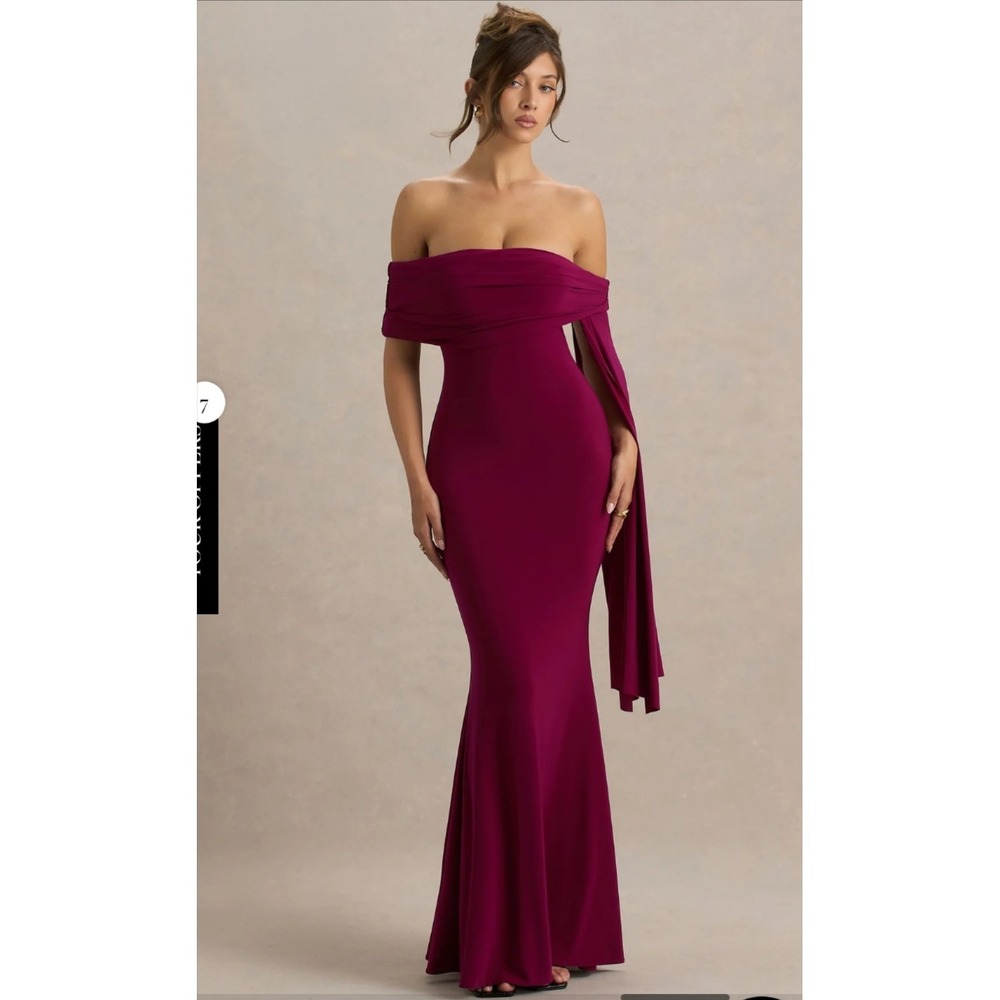 Club L London Dress Womens 12 Purple Off The Shoulder Maxi Sheath Formal